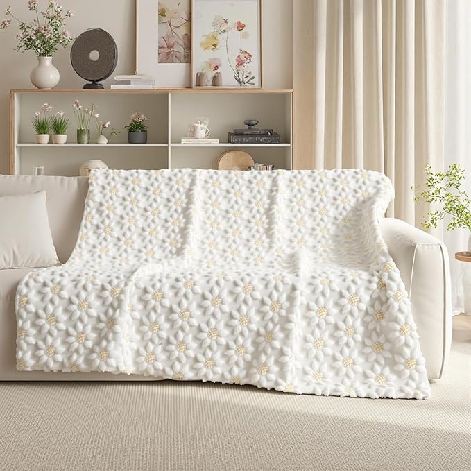 Horaldaily Spring Summer Blanket Throw, White Sunflower Soft Fuzzy Plush Faux Fur Cozy Blankets for Couch Sofa Bed Lounging, Ideal Gifts for Kids Adults Wife Self, 50x60