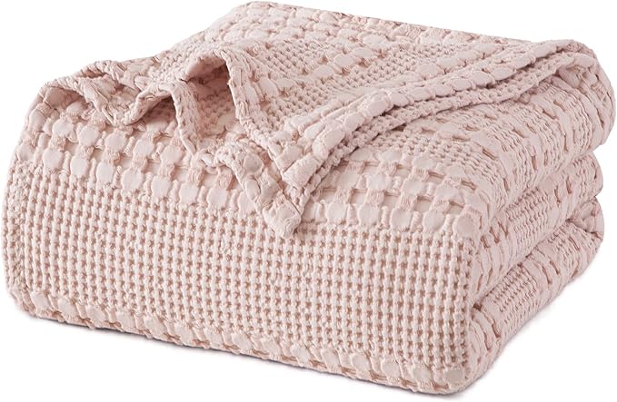 PHF 100% Cotton Waffle Weave Blanket Queen Size for Bed, Soft Lightweight & Breathable for Spring and Summer, All-Season Comfort, Luxury Aesthetic Blanket for Home Decor, 90"x90", Pink/Mauve