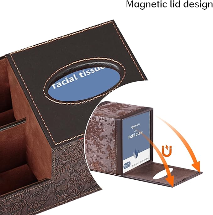 Fanousy Square Tissue Box Cover with Storage, PU Leather Cube Tissue Box Holder, Remote Control Nightstand Organizer, Modern Desk Caddy for End Table, Bathroom, Bedroom, Home, Office Decor