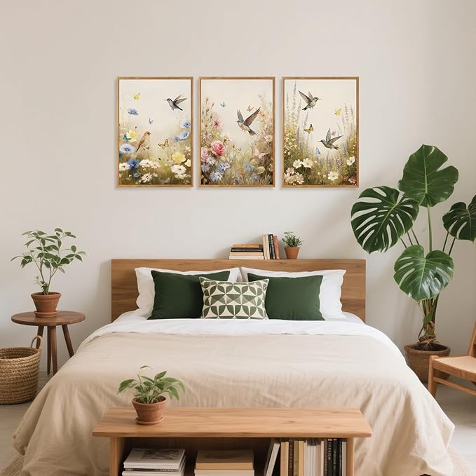 CHDITB Floral Bird Framed Canvas Wall Art Set Of 3, Vintage Garden Wall Decor, Nature Wildflower And Bird Wall Painting, Botanical Flower Art Prints For Dining Room Bedroom Decor (12X16 Inch)