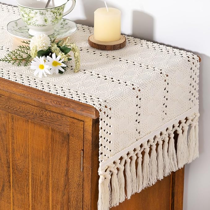 Socomi Boho Table Runner Easter Spring Farmhouse Rustic Dining Kitchen Centerpiece Decor Small Macrame Woven Cotton Linen Coffee Table Runner for Dresser Scarf Home Decor 12x48 inch Cream Ivory