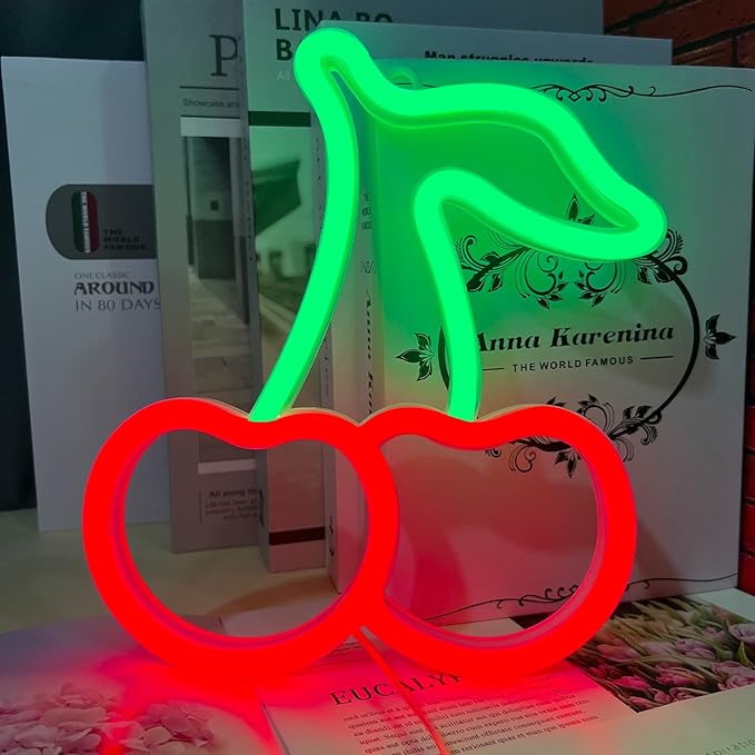 Cherry Neon Sign Red Green Cherries Neon Lights 7.5 * 8.9IN Cherry Neon Signs for Wall Decor, Cute Fruits LED Signs for Kids Room Restaurant Bar Fruit Shop Home