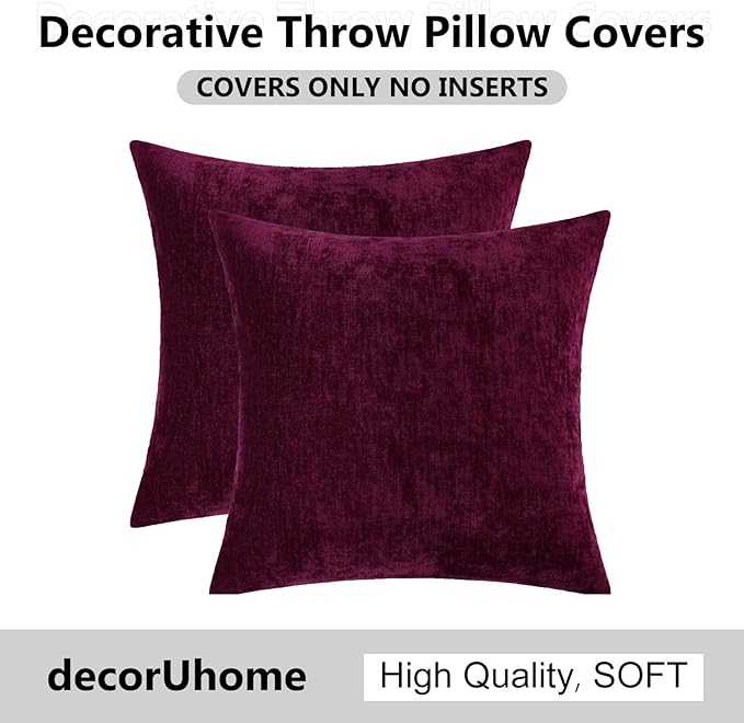 decorUhome Chenille Burgundy Throw Pillow Covers 16x16 Inch Set of 2, Decorative Soft Couch Pillow Covers Solid Dyed Accent Farmhouse Neutral Square Pillow Cases for Sofa