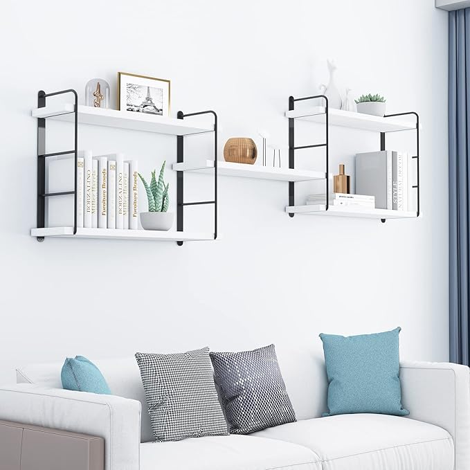 Wall Shelves, Wall Mounted Bookshelves, DIY Floating Shelves for Wall, Wood Hanging Book Shelves for Room, Bedroom, Living Room, Easy Installation (White, 50W x 17H)