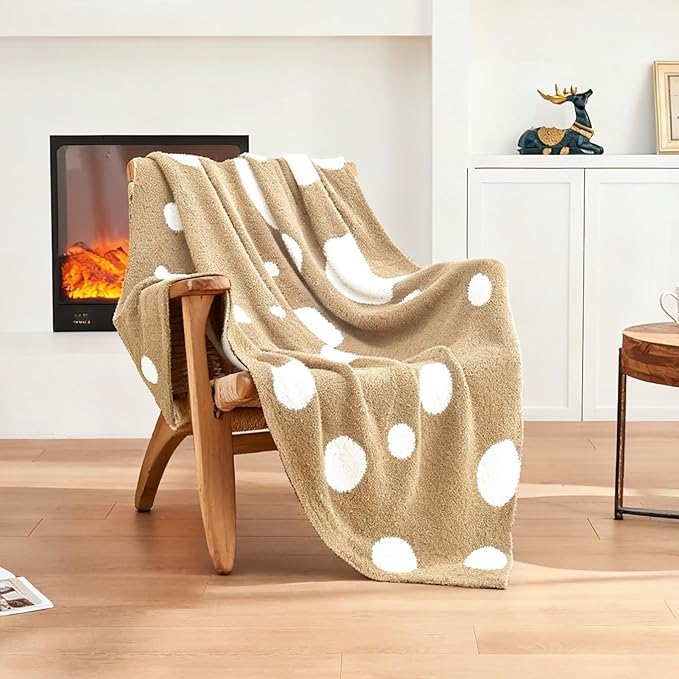 CozeCube Super Soft Fullfy Microfiber Reversible Knitted Blankets, Warm Cozy Fuzzy Plush Throw, Beige and White Polka Dot Throw Blanket for Couch Bed Sofa, 60" x 80"