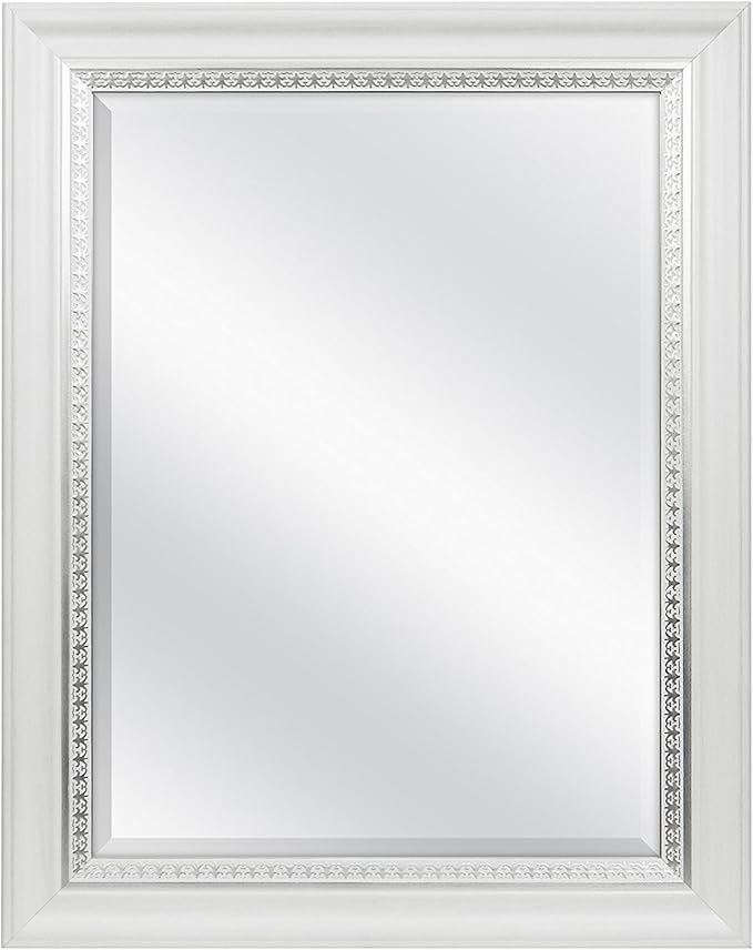 MCS 23x29 Large Wall Mirror, White Woodgrained Frame with Silver Embossed Detail & Beveled Detail Mirror, Vertical & Horizontal Wall Hanging Mirror for Bathroom, Bedroom & Livingroom