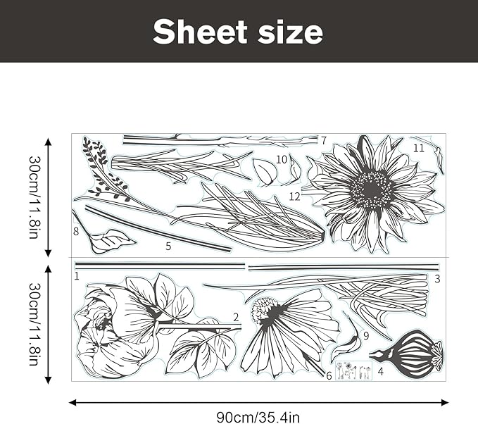 Black Simple Flower Plant Wall Decals, 2 Sheets Large Boho Floral Modern Wall Stickers Peel Stick Sketch Wildflower Wallpaper Art Decor for Bedroom Living Room Office Gifts for Mom(11.8x35.4 in/Sheet)