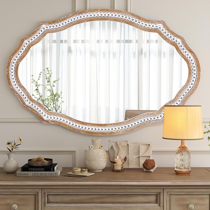 24x35 Inches Wooden Farmhouse Oval Mirror for Wall Decor, Living Room, Bedroom, Bathroom Rustic Decorative Mirrors for Entryway - Vertical or Horizontal Hanging