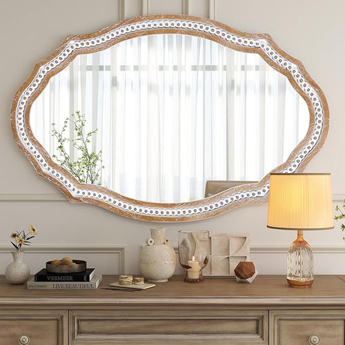24x35 Inches Wooden Farmhouse Oval Mirror for Wall Decor, Living Room, Bedroom, Bathroom Rustic Decorative Mirrors for Entryway - Vertical or Horizontal Hanging