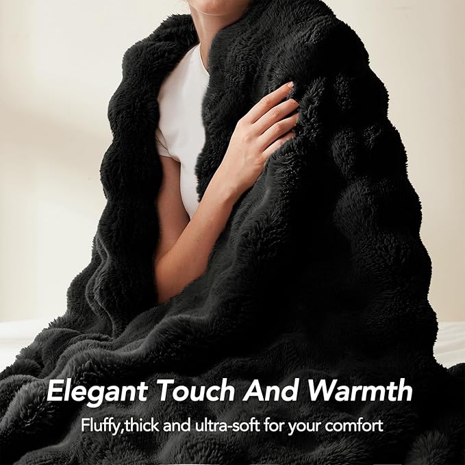 L'AGRATY Faux Rabbit Fur Blanket: 50" x 60" Luxury Soft Fluffy Thick Fur Throw Blanket for Couch Bed Sofa - Cozy Plush Bubble Blankets for Winter: Warm Flannel Fleece Decorative Blanket(Black)