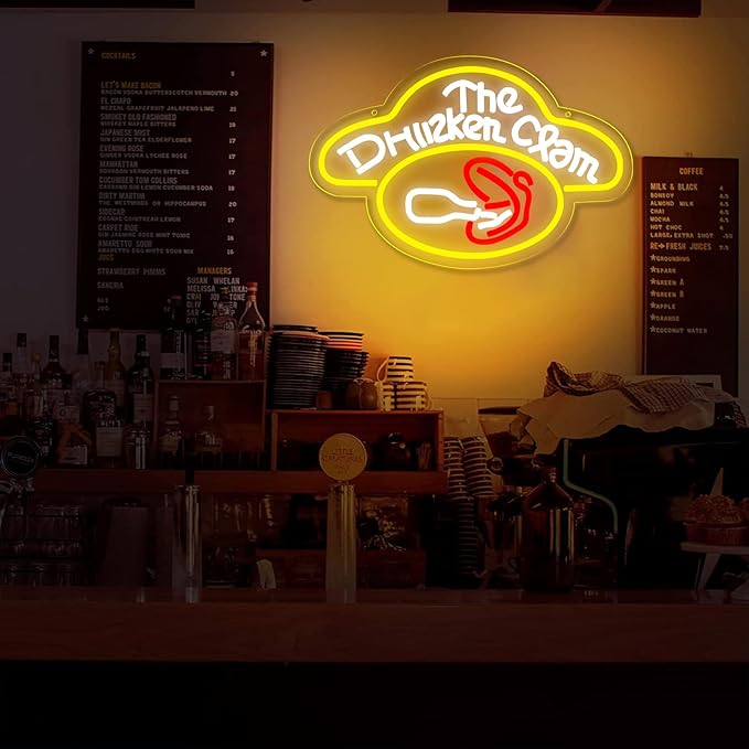 The Drunken Clam Neon Sign for Wall Decor ，Dimmable Bar Pub Beer Neon Light Sign，Family Guy The Drunken Clam Retro Bar Sign Cartoon Decor 10.1 * 15.7inch