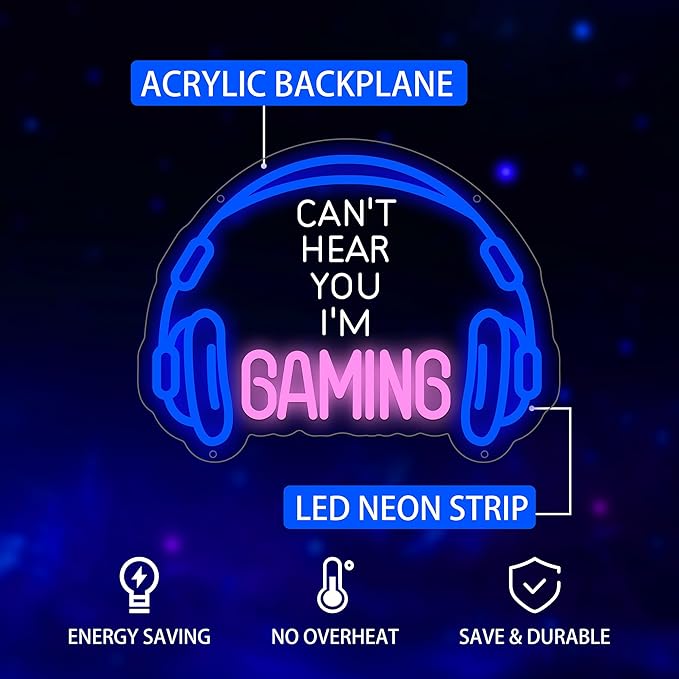 Gaming Neon Sign, Headset Gamer Led Signs for Wall Decor, Dimmable Neon Light Sign for Bedroom, Game Room, Kids Room, Bar Decoration, USB Powered Light Up Neon Signs for Party Decor