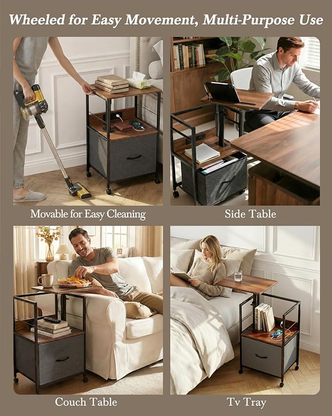 360° Swivel Nightstand with Height Adjustable, Lift Top Bedside Table with Charging Station, Rolling Night Stand with Fabric Drawer, End Table with Wheels, for Bedroom, Living Room, Walnut Gray