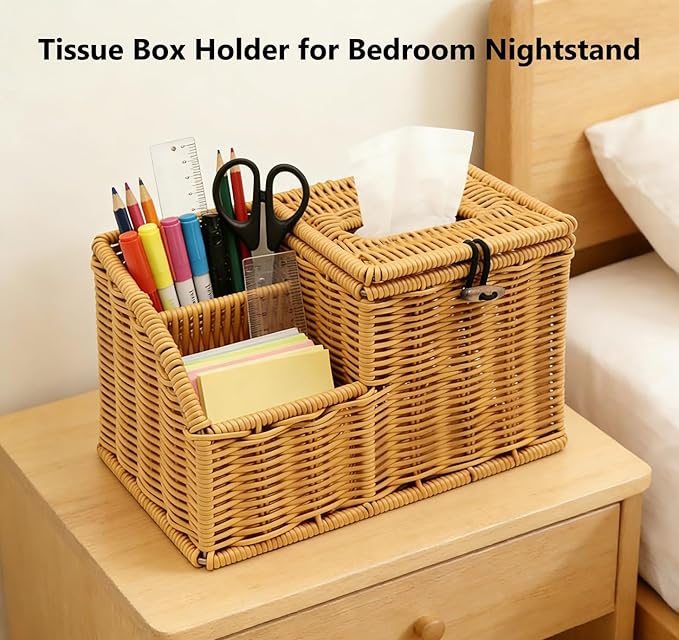Square Tissue Box Cover with Storage, Multifunction Cube Tissue Box Holder, Farmhouse Wicker Remote Control Nightstand Organizer Caddy for Bathroom, Home, Office Decor, Kitchen Countertop