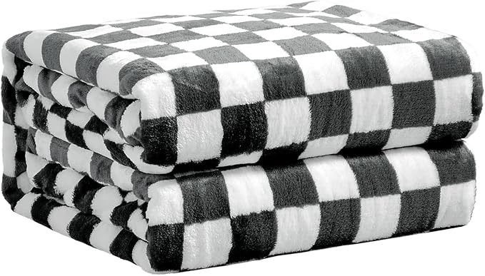 FY FIBER HOUSE Checkered Flannel Fleece Throw Blanket King Size Soft Cozy Checkerboard Grid Print Chessboard Gingham Pattern Blankets for Bed Couch Sofa, 90"x108", Black