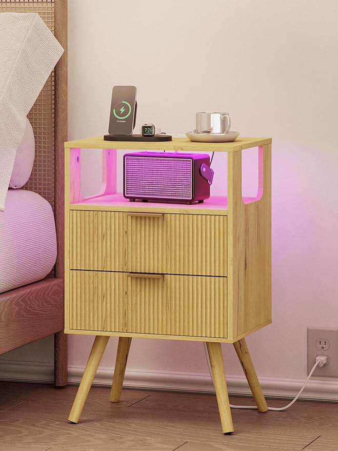 Nightstand, Modern Bedside Table with 2 Storage Drawer and Open Wood Shelf for Bedroom and Small Spaces, Night Stand with Solid Wood Legs (Yellow Oak-Outlet)
