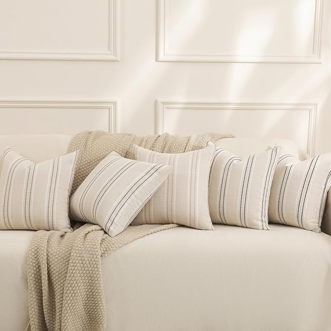 Hckot Hand Made Throw Pillow Covers 16x16 Set of 2 Striped Pillow Covers Textured Linen Decorative Pillows Square Cushion Covers for Sofa Couch Bed Living Room Farmhouse Decor