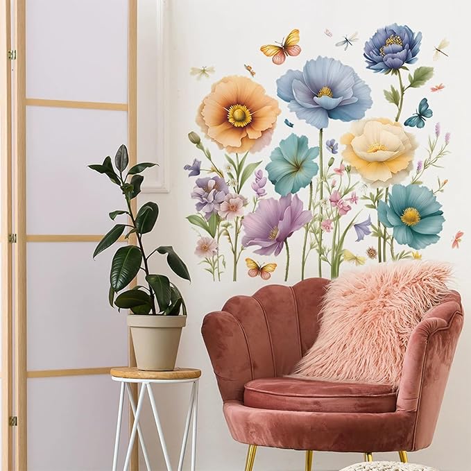 TUOKING Flowers Wall Stickers Decor,Removable Wall Murals Peel and Stick Modern Wall Art Decal Home Decor for Kitchen,Bedroom,Living Room