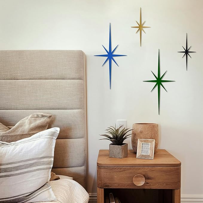 sxnzequnze 4 Pack Metal Star Wall Art 8 Pointed Starburst Wall Decor Set with 2 Large & 2 Small Pieces Mid Century Celestial Metal Wall Sculpture for Bedroom Living Room Office Gallery Wall