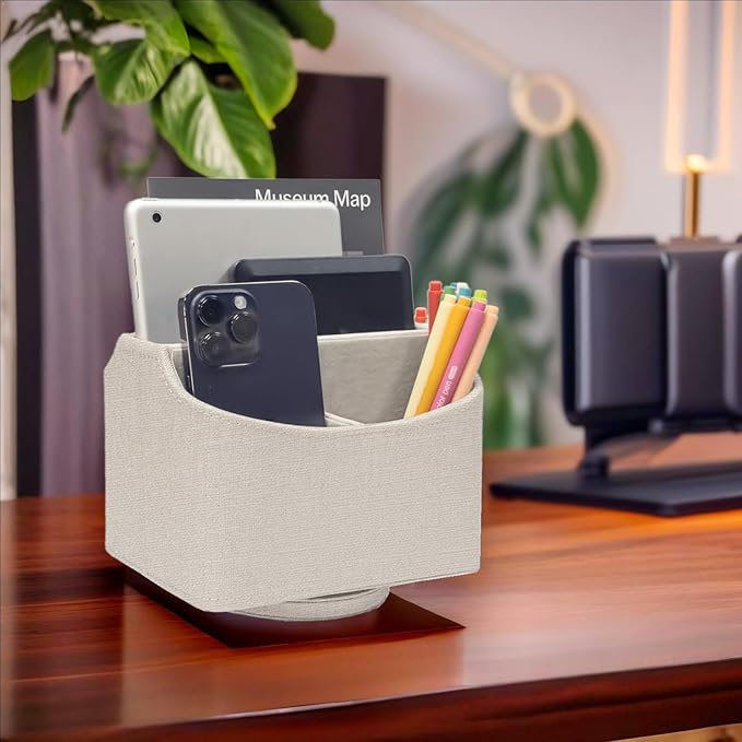 UnionBasic Rotating Desk Organizer, 360 Desk Spinning Caddy, Desktop TV Guide/Mail/Media/Remote Controller Holder Organizer, Beige