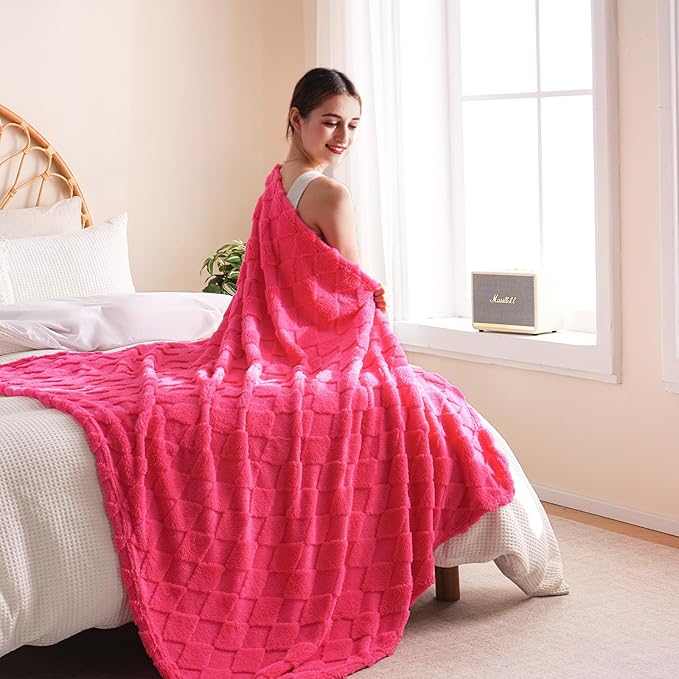 Hot Pink Throw Blanket for Couch Sofa Bed 50x60 inches,Fleece Blankets Microfiber Flannel with Diamond Checkered Pattern Lightweight Plush Soft Cozy Gifts for Women Mom Girls