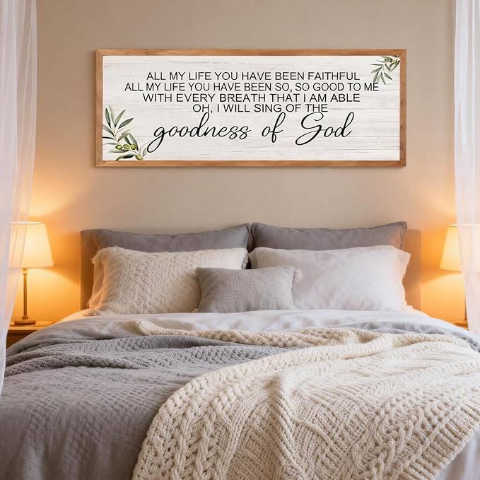 Goodness of God Christian Wall Decor: 40x15 Inch Large Framed Christian Inspirational Wall Art, Religious Scripture Quote Wooden Sign, Black Frame Christian Home Decor for Living Room Bedroom, Natural