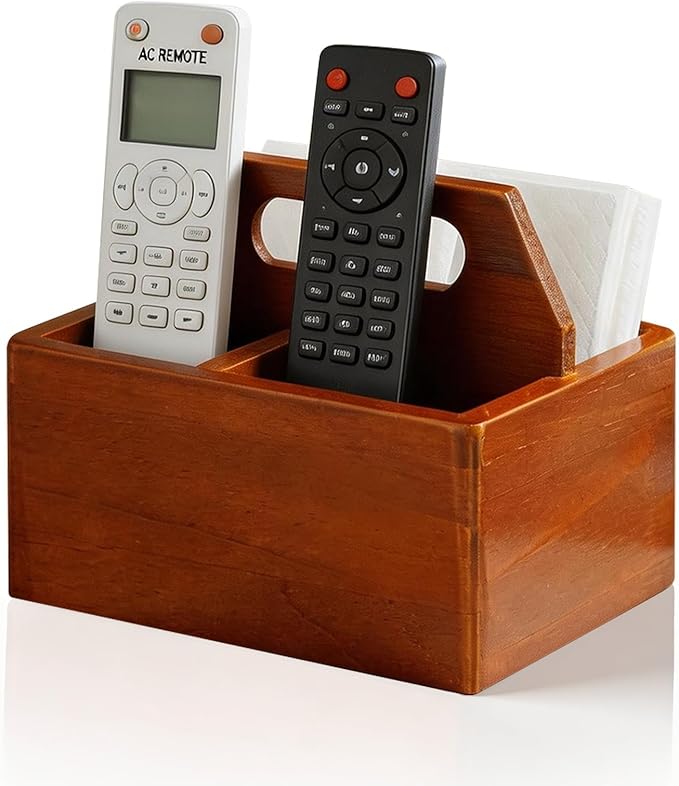 Acacia Wood Remote Control Holder with Handle, Desk Organizer with 3 Compartments, Wood TV Stand Decor, Easy Storage TV Remote Holder for Living Room, Bedside Caddy, Office Supplies