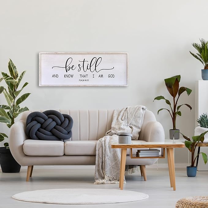 Surfapans Be Still and Know that I am God Wall Decor 40"x15" Large Farmhouse Family Living Room Vintage Religious Bible Verses Entryway Sign Wood Framed Scripture Hallway Hanging Wall Art (White)
