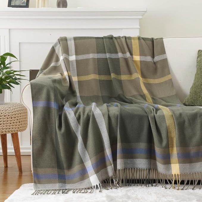BATTILO HOME Olive Green Plaid Throw Blanket for Couch - Army Green Plaid Blanket Buffalo Checkered Blankets - Lightweight Farmhouse Outdoor Throw Blankets for Bed, Sofa 50"x60"