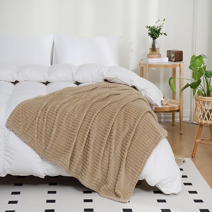 Puncuntex Flannel Fleece Throw Blanket Khaki 90"×90",Super Soft Plush Cozy Blanket with Square Grid Design Luxury for Couch Sofa Chair