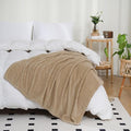 Puncuntex Flannel Fleece Throw Blanket Khaki 90"×90",Super Soft Plush Cozy Blanket with Square Grid Design Luxury for Couch Sofa Chair