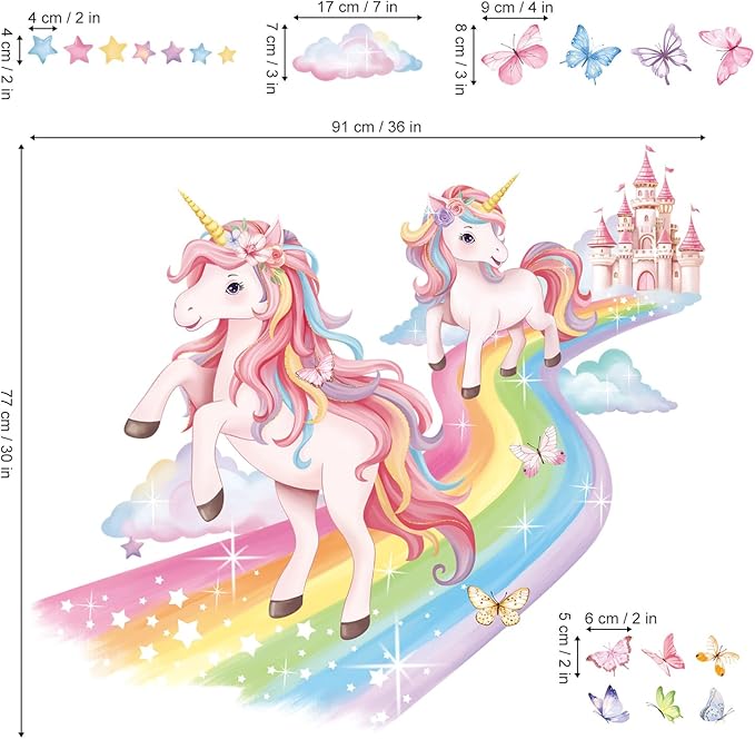 decalmile 2 Large Unicorn Rainbow Wall Decals Fairy Castle Cloudy Butterfly Wall Stickers Girls Bedroom Baby Nursery Kids Room Home Decor