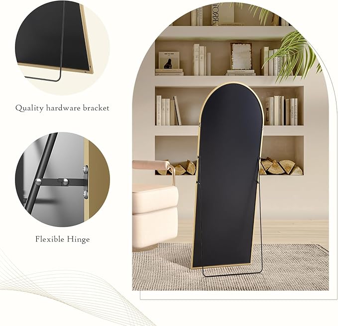 NEWBULIG Arched Full Length Mirror 64.2"x 21" for Bedroom, Full Body Mirror with Stand, Hanging or Leaning for Wall, Aluminum Alloy Thin Frame Floor Standing for Living Room, Long, Gold