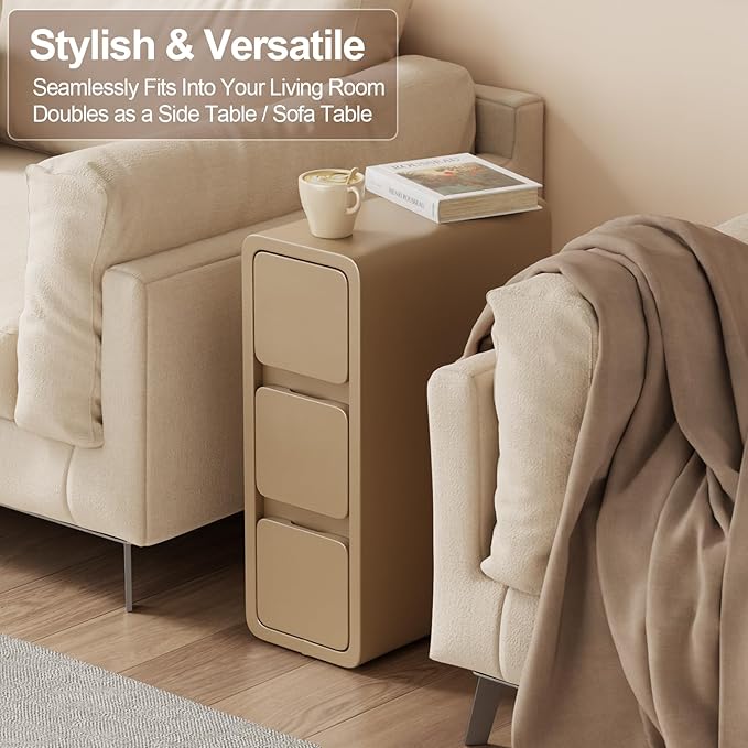 AQIMUELE Narrow Bedside Table,Narrow Night Stand with Drawers,Small Night Stand with Leather Surface for Bedroom