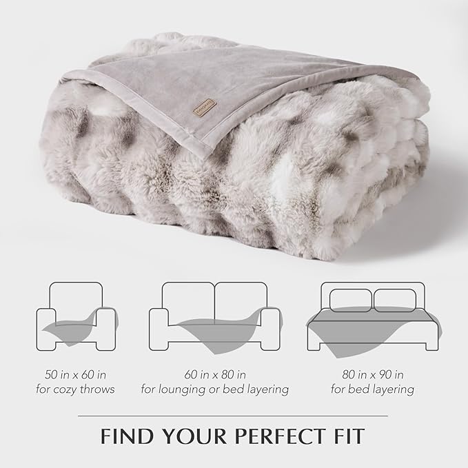 EverGrace Ultra Soft Luxury Fluffy Faux Rabbit Fur Throw Blanket, Thick Warm Bubble Throw for Bed, Cozy Plush Reversible Blankets for Couch, Chair, Sofa, Light Grey, 50x60 Inches