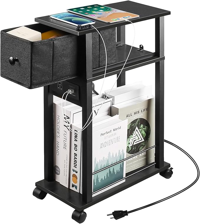 Narrow Side Table (1PC) - Black End Table with Overload Protection, Charging Station Drawer & 4 Wheels, Mobile Storage Nightstand for Bedroom Studio Apartment (1 AC + 2 USB Ports)