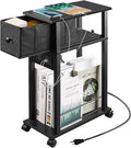 Narrow Side Table (1PC) - Black End Table with Overload Protection, Charging Station Drawer & 4 Wheels, Mobile Storage Nightstand for Bedroom Studio Apartment (1 AC + 2 USB Ports)