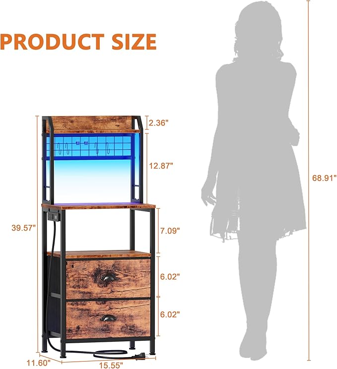 Furologee 40'' Tall Nightstand with Charging Station, Bedside Table with LED Lights, End Table with 2 Drawers and Storage Shelves, Night Stand with Pegboard for Bedroom, Rustic Brown