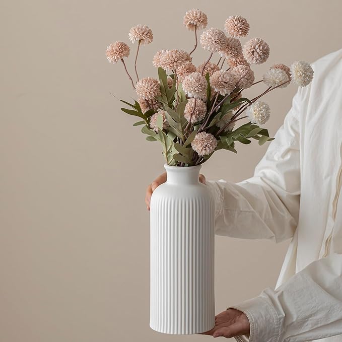Natural White Ribbed Ceramic Vase for Flowers, Modern Textured Decorative Vase, 10 Inch Tall, 3.94 Inch Width, Farmhouse Style Home Decor (Bisque White)