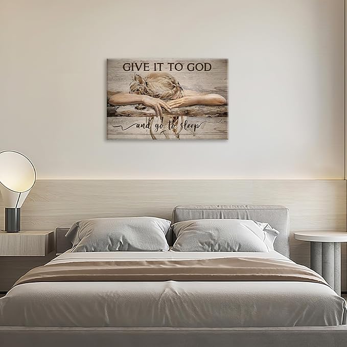 Farmhouse Wall Decor for Bedroom Give It to God and Go to Sleep Sign Pictures Rustic Above Bed Wall Art Christian Girl Sleep Painting Country Bible Verse Canvas Framed Print Artwork 24"x20"
