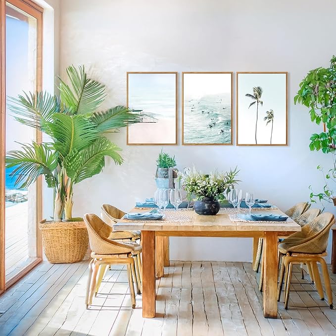 CHDITB Tropical Surf Scene Framed Canvas Wall Art Set Of 3, Coastal Wall Decor, Ocean Inspired Beach Wall Painting, Neutral Seascape Palm Tree Art Prints For Living Room Bedroom Decor (12x16 Inch)