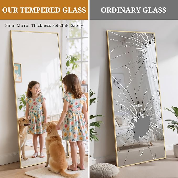 Full Length Mirror 71"x26" Full Body Mirror Rectangle Free Standing Wall Mounted Leaning Floor Mirrors with Stand Aluminum Alloy Frame for Bedroom Cloakroom, Gold