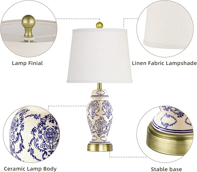 RORIANO Chinoiserie Ceramic Small Table Lamps Set of 2 for Living Room Bedroom Bedside, Traditional Beige and Blue Porcelain Classic Table Lamp for Nightstand Entryway, 2 LED Bulbs Included