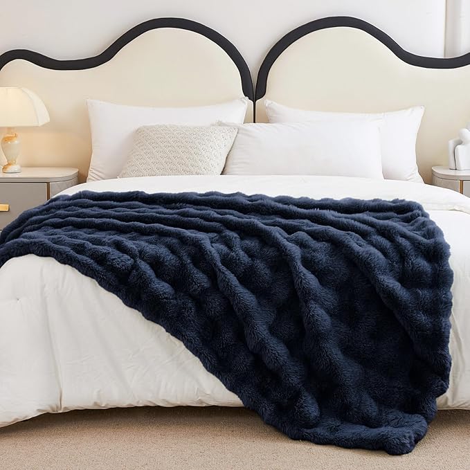 Faux Rabbit Fur Throw Blanket for Couch, Fluffy Warm Plush Thick Bubble Blanket for Bed Sofa Living Room, Soft Cozy Furry Blanket, 50x60 inches, Navy Blue