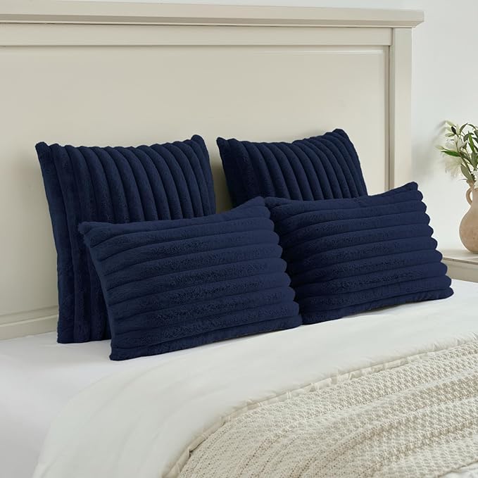 FUTEI Dark Navy Decorative Throw Pillow Covers Set of 2, 20x20 Inch Soft Fluffy Faux Fur Plush Striped Cushion Cases, Modern Home Decor for Couch Bed Living Room