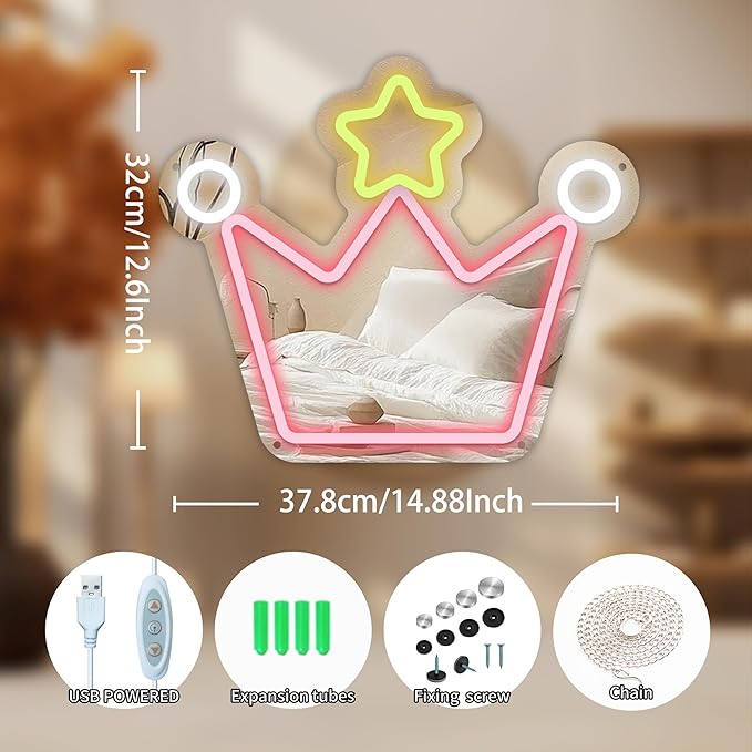 Moneter Anime Crown Mirror with Neon Signs, Wall Mount, Lighted & Neon Signs, Classic & Modern Style, 13.4 x 16 Inches