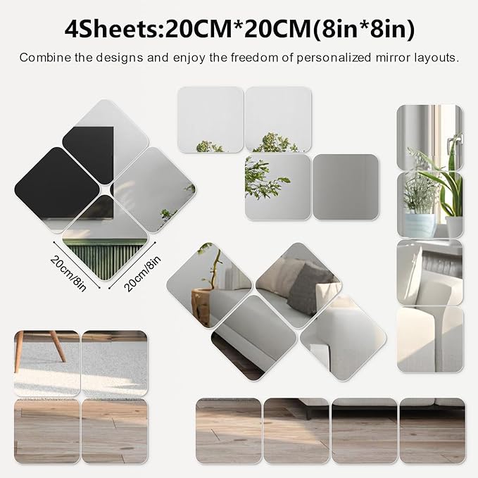 Wall Stickers - Unbreakable Self-Adhesive Mirror Tiles for Bedroom, Home, Gym, Door - Acrylic Shatterproof Sheets, Panels (8x8 Inch, 4 Pcs)