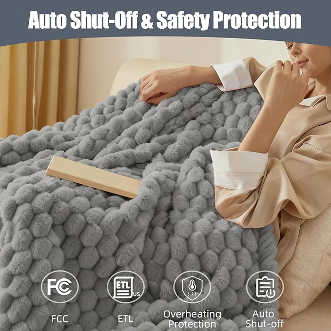 Heated Blanket Throw 50" x 60" Soft Ribbed Faux Fur Flannel Fast Heating 12 Heat Levels 1–12H Timer & Overheat Protection & Auto Shut-Off & ETL FCC & Machine Washable Heated Throw