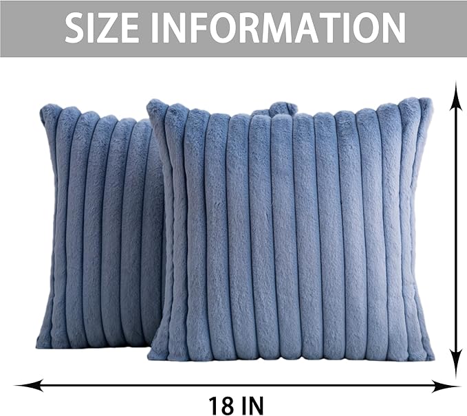 Aegero Pack of 2 Faux Fur Christmas Throw Pillow Covers 18x18 Inch, Soft Plush Striped Neutral Couch Pillow Cover, with Velvet Back Modern Home Decor for Sofa Living Room Couch Bed Blue