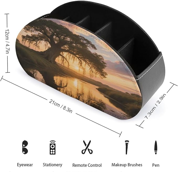 Big Trees in Sunset Remote Control Holder Organizer Box with 5 Compartment PU Leather Bedside Storage Caddy Remote Organizer for Controller Media Player Pen/Pencil Storage